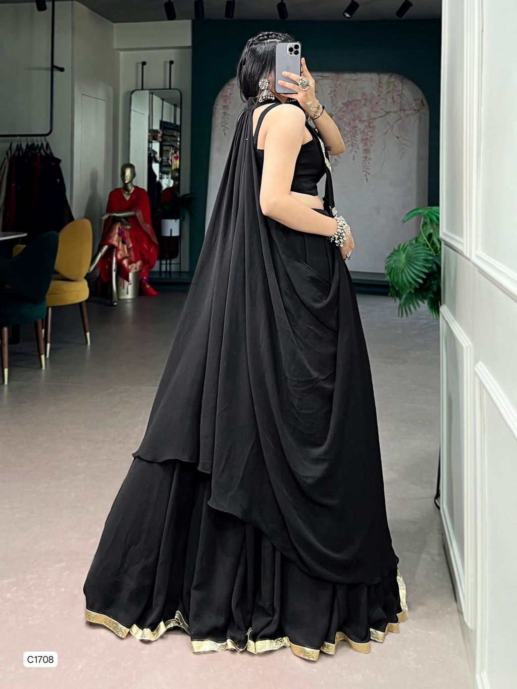 Ready-to-Wear Elegance in a Feather-Light Flow Fabric with Lotus Handwork & a Graceful Long Jacket.
