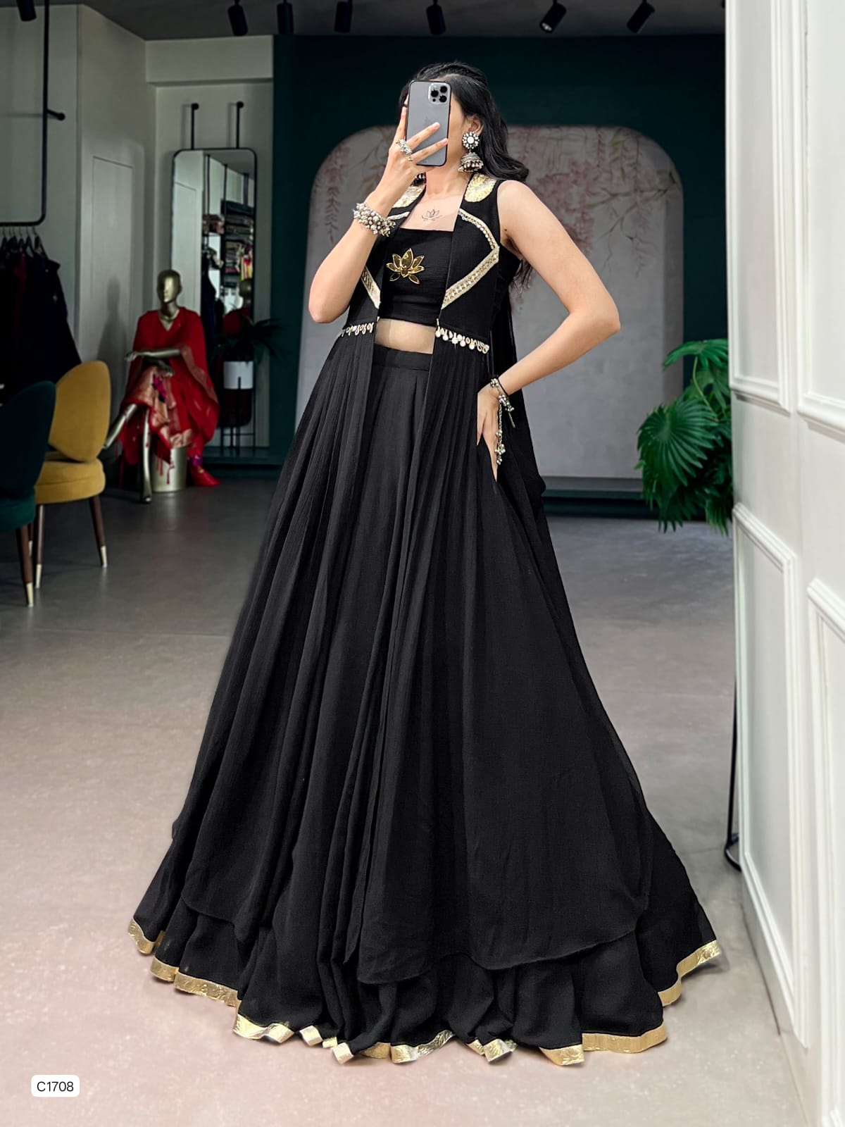 Ready-to-Wear Elegance in a Feather-Light Flow Fabric with Lotus Handwork & a Graceful Long Jacket.